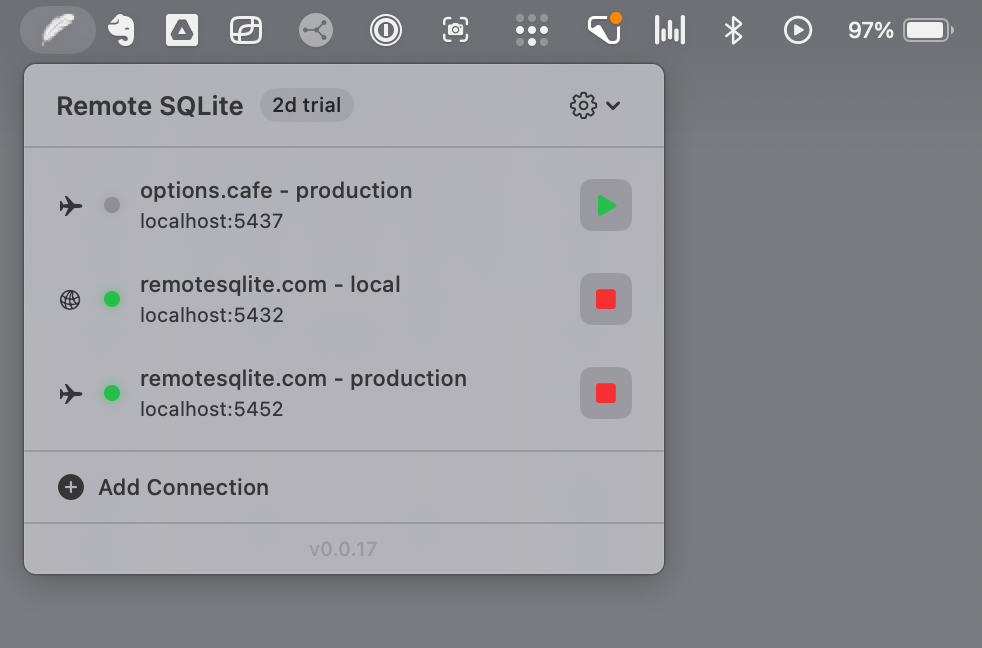 Remote SQLite menu bar dropdown showing active database connections