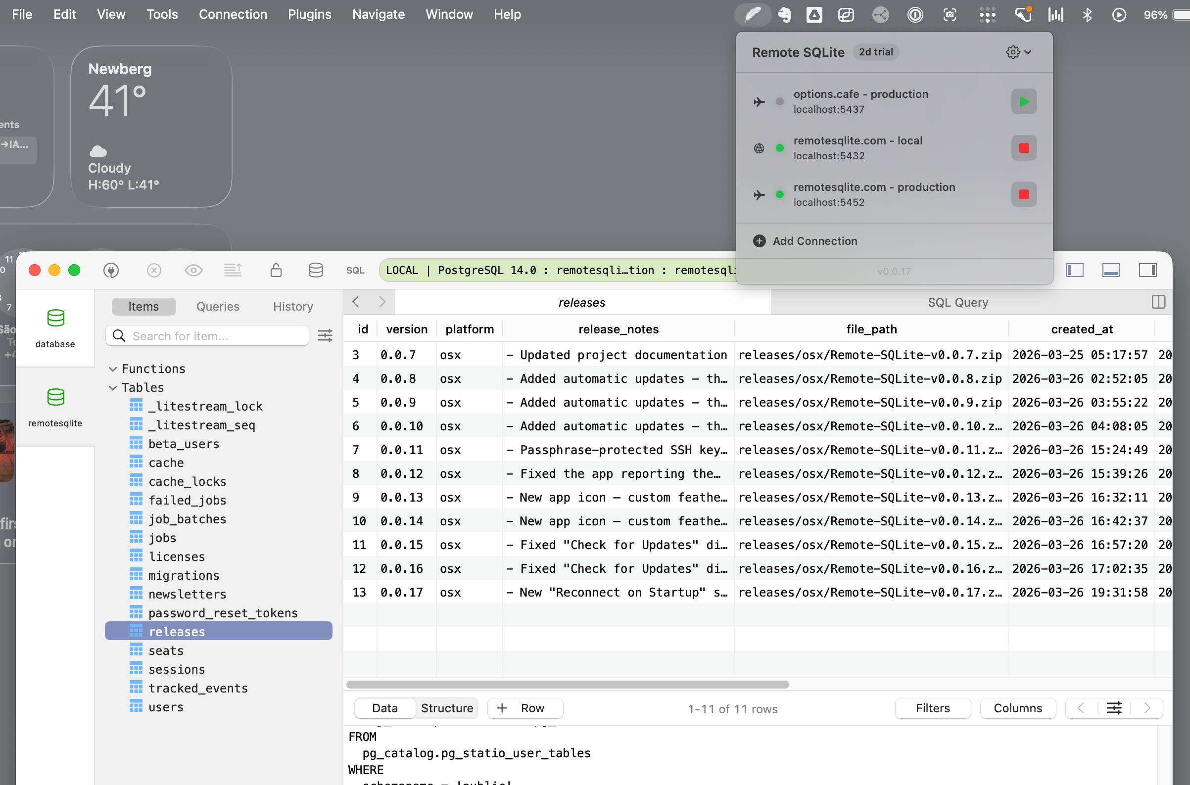 TablePlus connected to a remote SQLite database via Remote SQLite, browsing production data